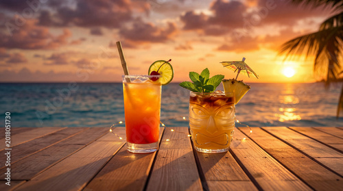 Alcoholic cocktails on a wooden floor behind a sunset sea view.