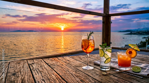 Alcoholic cocktails on a wooden floor behind a sunset sea view.