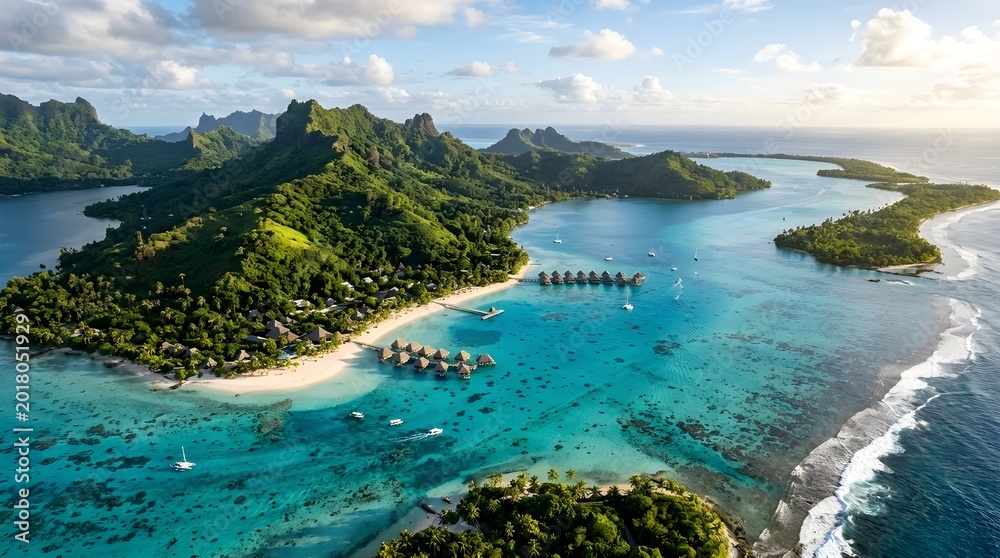 Fototapeta premium Aerial view of a tropical lagoon with crystal-clear turquoise water, lush green islands, and white sand beaches under a dramatic sunset sky. Cinematic composition ideal for travel and nature themes.