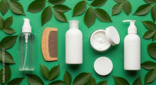 Collection of white cosmetic bottles, a wooden comb, and cream jar arranged on a green background surrounded by fresh green leaves for beauty and skincare products