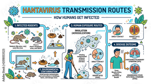 Hantavirus Transmission Routes Infographic: Rodent-to-Human Infection, Exposure, and Disease Outcome Diagram