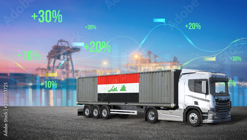 Bilde på lerret Iraq Transported: A semi-trailer truck with an Iraqi flag-themed container traverses a bustling port scene, illustrating global trade, transportation, and economic growth with graphical data overlays