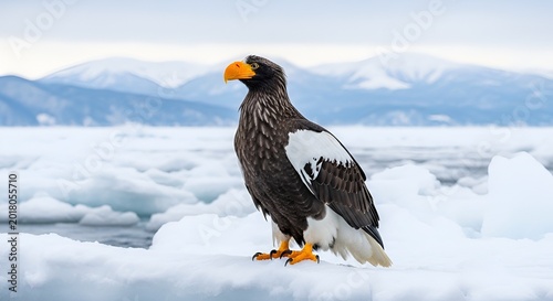 A majestic Steller's sea eagle with its striking yellow beak perches confidently on icy terrain, facing left with snow-covered mountains adding to the beauty of the scenic vista in the distance