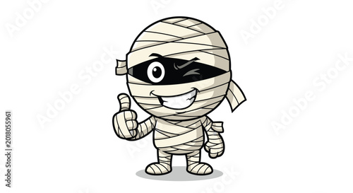 Friendly cartoon mummy character wrapped in white bandages gives a thumbs up gesture and winks in a fun Halloween-themed design.