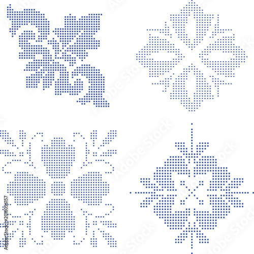 Blue Cross Stitch Floral Ornament Set Embroidery Style Vector Design Elements