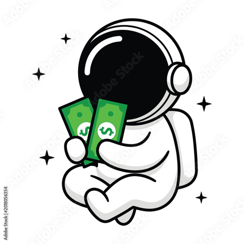 Cute Astronaut Holding US Dollar Bills Floating in Space with Stars and Cosmic Background Elements