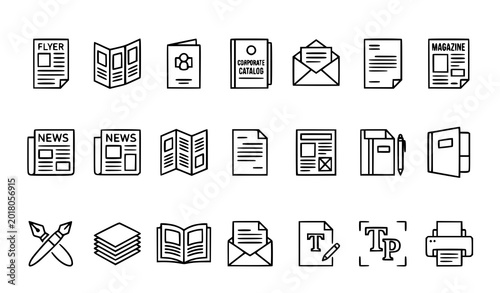 Foto Publishing Outline Icons Set with Flyer Brochure Catalog and Corporate Stationer