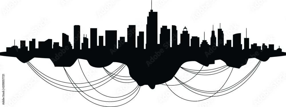Obraz premium Floating urban cityscape silhouette with many buildings connected by abstract wires vector