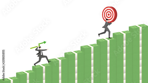 Successful businessman throwing green line graph arrow to hit target on rising banknotes bar graph for financial growth profit and cash flow investment achievement concept