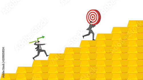 Successful businessman throwing green line graph arrow to hit target on rising gold bars bar graph for precious metal asset growth and investment achievement concept