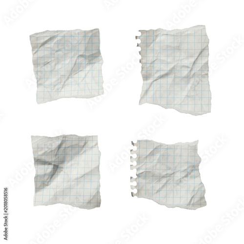 four aged, textured fragments of vintage graph paper with faded blue lines and ripped edges, flat lay on transparent background with soft volumetric shadows. concept of stationery and material texture