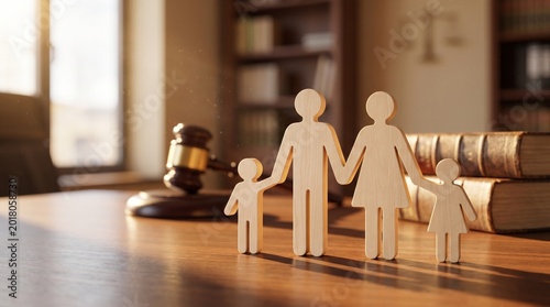 Legal support concept with wooden family cutout and gavel symbolizing justice and protection