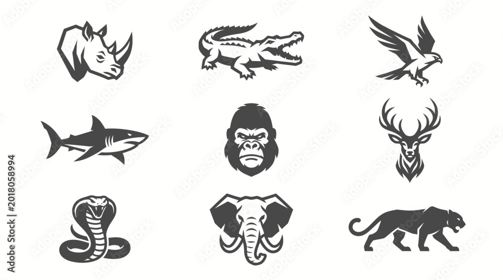 Fototapeta premium Vector animal logo collection featuring rhino crocodile eagle shark gorilla deer cobra elephant and panther silhouettes on white.