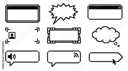 Pixel art interface element set with retro computer windows speech bubbles chat icons message boxes frames and web cursor arrow.