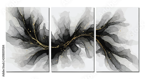 Abstract black, gold, gray art, triptych panel, modern decor, wall art