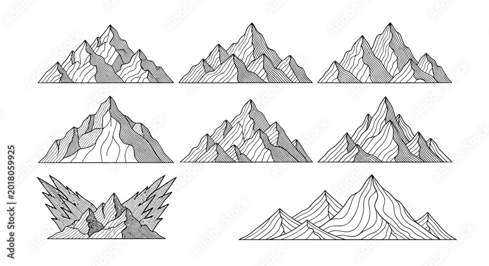 Fototapeta premium Mountain Range, Vector Mountains, Grey Peaks, Landscape Icons
