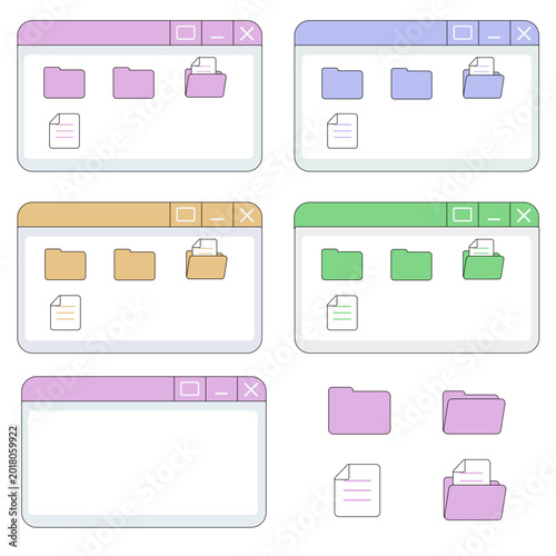 Computer window frame with folders and files icon set