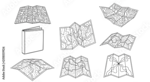Vector topographic map icons, set of 8 folded maps and booklet, black and white illustrations, geography symbols, navigation elements