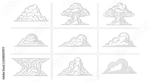 Mushroom cloud icons, nuclear explosion graphics, atomic bomb illustrations, vector set
