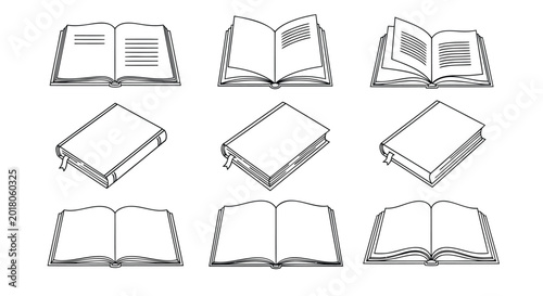 Book icons, book illustrations, line art books, educational symbols, 9 book graphics