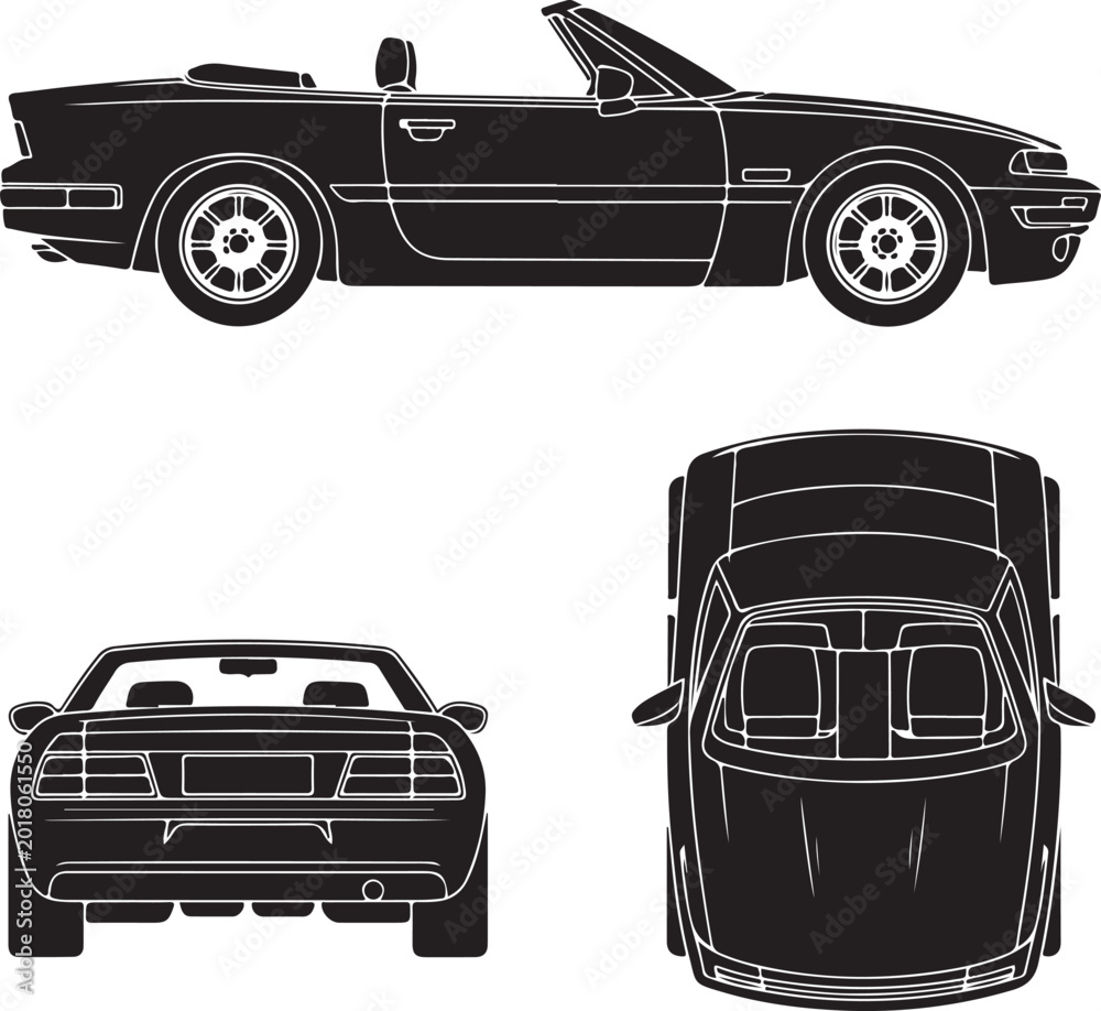 Obraz premium Black and white vector pictograms of a small convertible car shown from four different angles - side, front, rear, and top view. Simple, clean silhouette style for easy use in design projects