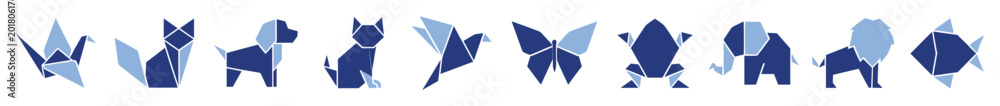 Fototapeta premium Modern geometric origami animal shapes in blue for education and creative graphic design
