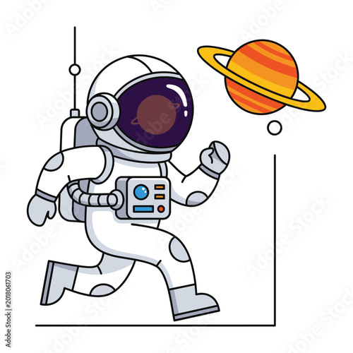 Astronaut Running in Space Towards Saturn Planet Exploration Mission Concept Flat Design Style