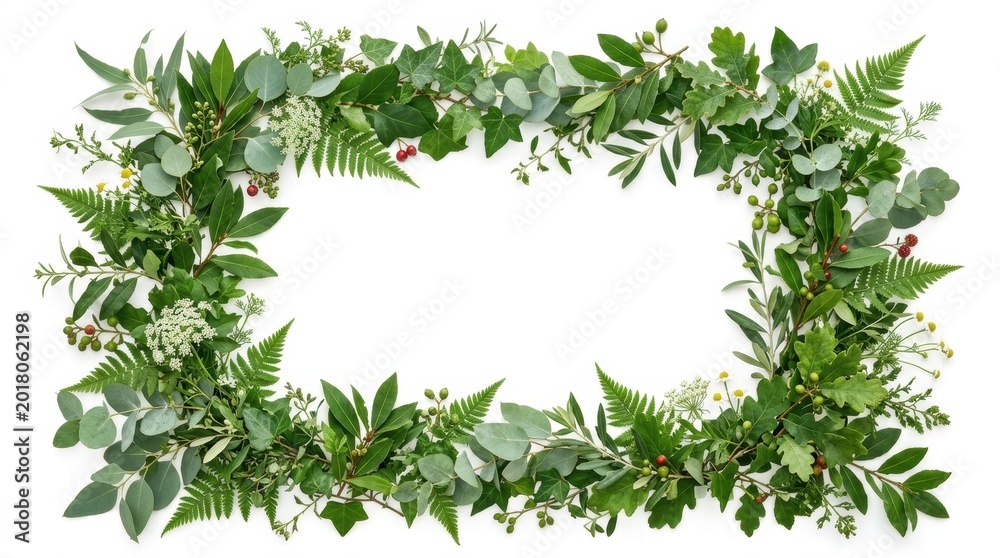 Fototapeta premium Botanical green leaf frame on white background, lush foliage border with eucalyptus and fern, organic plant wreath for wedding invitations