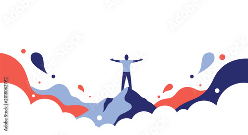 Silhouette of a person standing on a mountain summit with arms wide open celebrating success and freedom against abstract waves.
