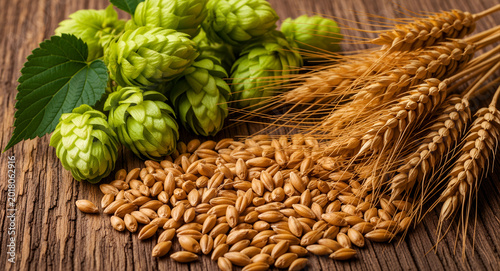 Fresh green hops and golden wheat ears on a rustic wooden background. Malted barley grains are scattered among brewing ingredients. Brewing industry concept for craft beer marketing and branding.