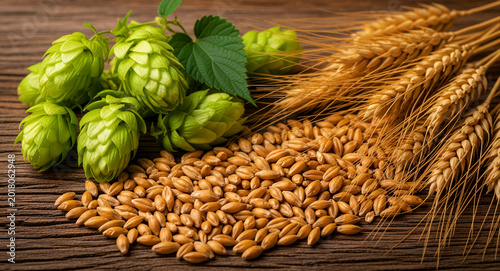 Fresh green hop cones and golden wheat stalks on a rustic wooden surface. Raw ingredients for craft beer brewing and baking. Brewing concept for brewery marketing and food industry.