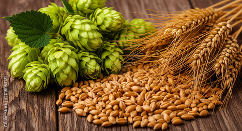 Fresh green hops and ears of golden wheat on a rustic wooden table. Pile of raw cereal grains arranged for craft beer brewing. Natural brewing ingredients concept, perfect for brewery marketing.