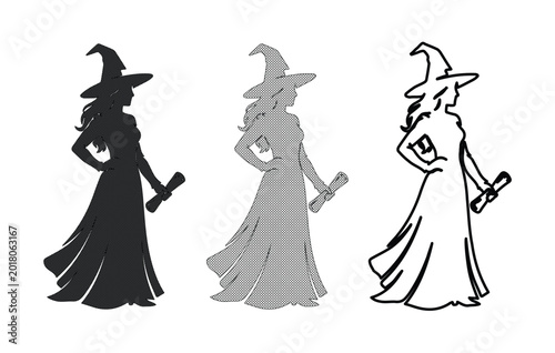 Schilderij op canvas Witch silhouette vector set, mystical sorceress holding magic scroll, fantasy fe