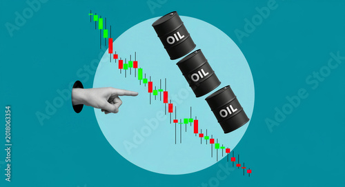 Hand pointing at falling candlestick chart next to oil barrels. Graphic illustrates a dramatic drop in crude oil market prices. Economic crisis and price volatility concept for financial news.