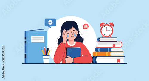 Emotional flat vector illustration of a young girl crying and holding a book while being overwhelmed by stacks of homework.