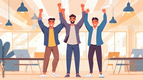 Happy team celebrating achievement with raised arms