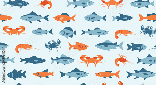 Seamless pattern of various fish and crustaceans including crabs and shrimp in blue and orange tones on a light background.