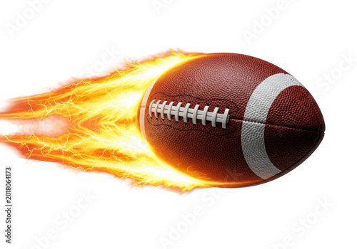 highly detailed dark brown american football frozen mid-air, intensely burning molten plasma flames and motion blur stream behind it, isolated on white. aggressive speed metaphor
