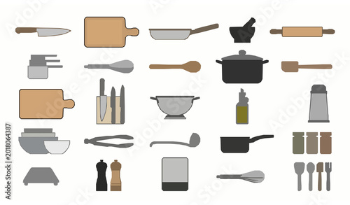 Bild auf Leinwand Minimal kitchen tools set with modern cooking utensil and culinary aesthetic ele