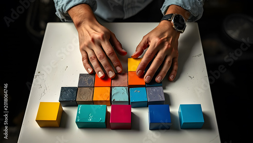 Hands arranging abstract color blocks, clean white desk, Professional Stock Photo, High Resolution Background