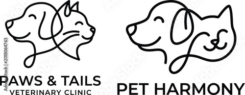 Minimalist continuous line art dog and cat logo designs for veterinary clinics