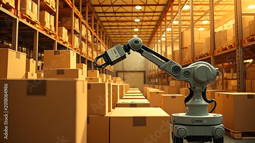 Automated warehouse robotic arm moving clean minimalist boxes, Professional Stock Photo, High Resolution Background