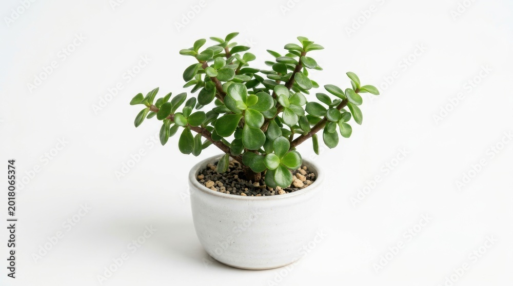 Fototapeta premium Jade plant in white ceramic pot, succulent crassula ovata houseplant on white background, minimal indoor gardening and home decor aesthetic