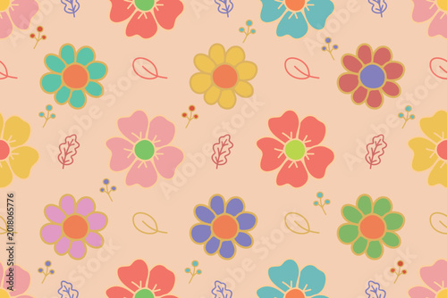 Canvastavla Vibrant seamless floral pattern in cheerful retro style with elegant golden outlines on a warm peachy beige background