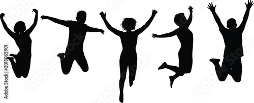 Fotografía Five black silhouettes of people jumping in the air