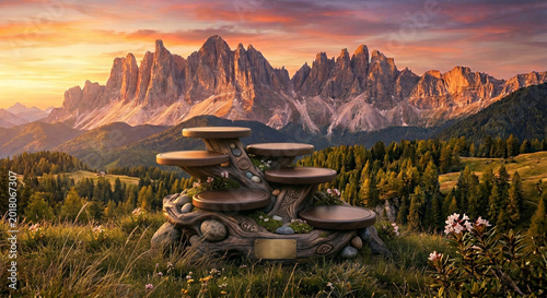 Wooden product display shelf set against the breathtaking scenery of the Dolomites in Italy, blending natural elegance with majestic alpine beauty.
