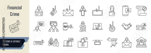 Financial crime line icons collection, 25 editable stroke symbols depicting fraud and scams, money laundering, banking crime, and cyber crime