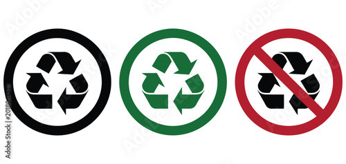 Schilderij op canvas Recycle and recycling not allowed sign vector icon set, crossed recycle symbols