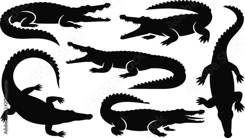 Quadro em tela Collection of black alligator silhouettes in various poses