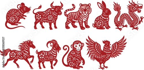 Photography Chinese Zodiac Animal Illustration Set with Traditional Red Paper Cut Style Desi